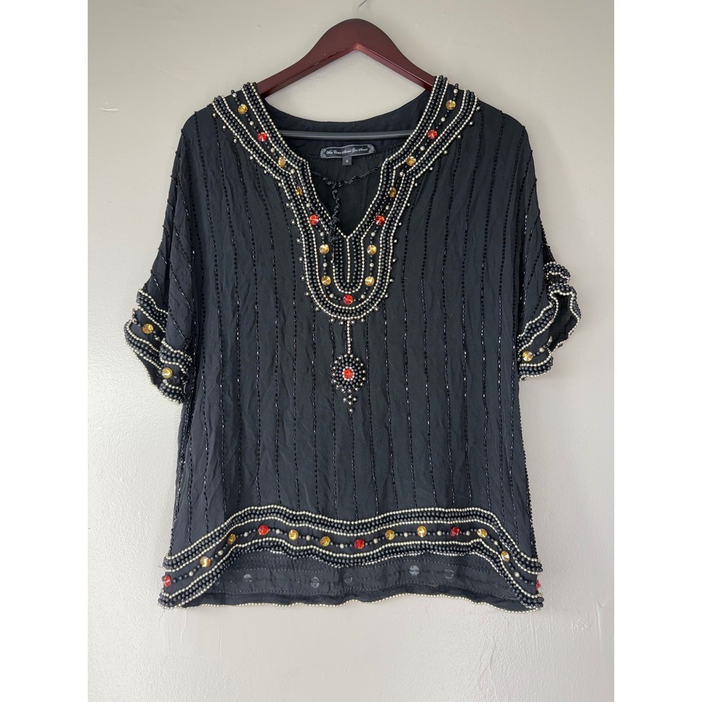 What Comes Around Goes Around Black Silk Beaded Blouse Top Medium Crystal Trim